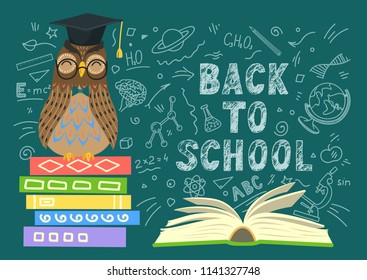 Back to school.  Wise owl on stack of books, open book and lettering on teal background. Education concepts. Vector illustration.