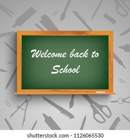 Back to School with wooden board and tools in background