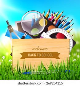 Back To School - wooden desk and school supplies in the grass. Vector poster