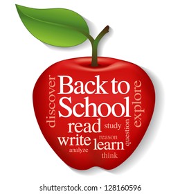 Back to School Word Cloud. Big red apple featuring read, write, learn, discover, explore, study. Isolated on white background. For education, literacy, scrapbooks. EPS8 compatible.