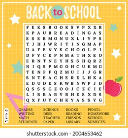 Back to school word search puzzle. Crossword  for children  for learning English. Educational keyword activity. 