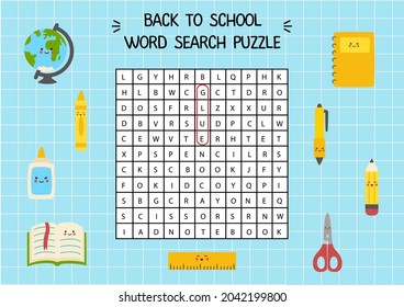 Back To School Word Search Puzzle For Kids. Funny Brain Teaser For Children.