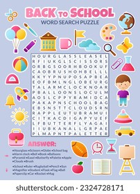 Back to school word search puzzle for kids. Vector