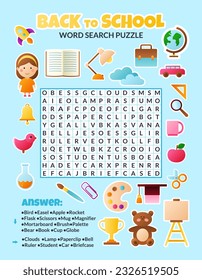 Back to school word search puzzle for kids. Vector