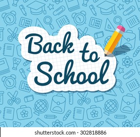 Back to school words banner on lined notebook paper and flat vector pencil on blue pattern of education related symbols. Texture can be tiled seamlessly in any direction. 