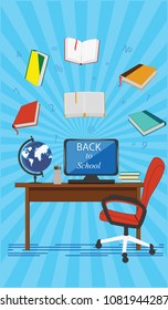 Back to school - workplace for the student - computer, globe, pencils, books, desk, chair - blue background, flat style - art vector