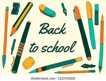 Back to school writing accessories pen eraser pencils sharpeners vector illustration hand drawing