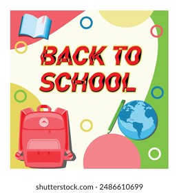 Back to school writing. Backpack, books, pencils, and globe. Back to school concept. Flat vector illustration.