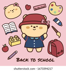 Back to school writing. Bear greeting and smiling. baby bear wear uniform student. Stationary set background. Cute cartoon charater hand drawn design. Vector. Illustartion.