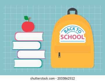 back to school written on backpack sticker and stack of books - vector illustration