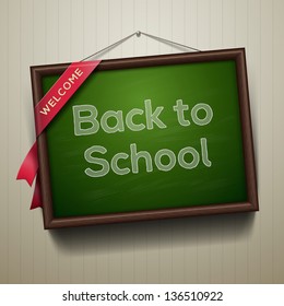 Back to school, written on blackboard with chalk, vector illustration.