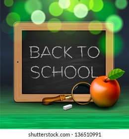 Back to school, written on blackboard with chalk, vector illustration.