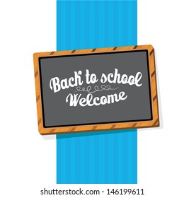 Back to school, written on blackboard with chalk on blue stripped wall, vector illustration.