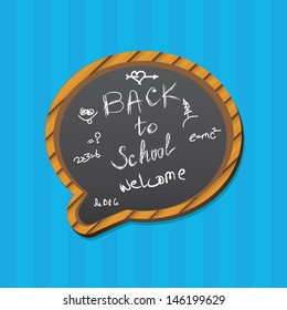 Back to school, written on blackboard with chalk on blue stripped wall, vector illustration.