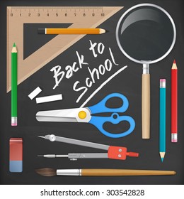 back to school written on blackboard with school supplies. vector illustration. isolated object.