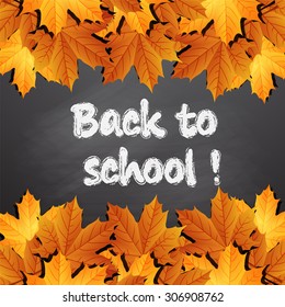 Back to school, written on blackboard with autumn leaves, 