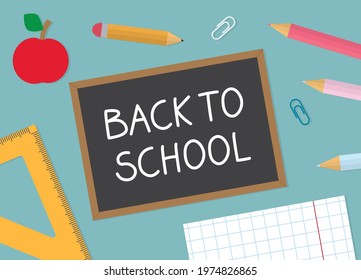 back to school written on chalkboard, flat lay composition- vector illustration