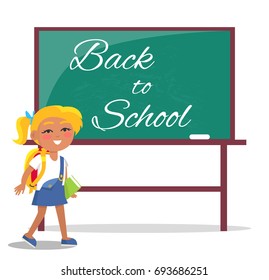 Back to school written on green blackboard, inscription made by white chalk, smiling schoolgirl with backpack stands nearby vector on white background