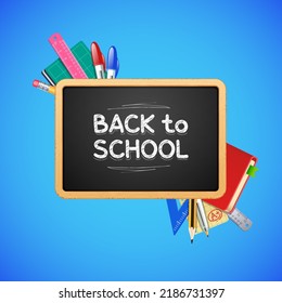 Back to School Written on Realistic Wooden Chalkboard with Stationery on Blue Background. Vector illustration for education projects.