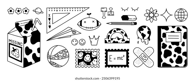 Back to School Y2K vector collection. Vintage 2000s doodle elements for sticker pack. Hand Drawn pencil, eraser, American football, basketball, strawberry milk, ruler, notebook, globe