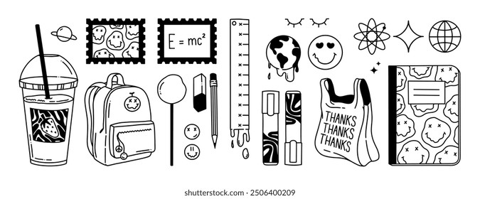 Zurück zur Schule Y2K Vektorgrafik-Sammlung. Vintage 2000s Doodle Elemente für Aufkleber Pack. Handgezeichneter Milchshake, Notizbuch, Rucksack, Lineal, Plastiktasche, Globus, Bleistift, Radiergummi, Lolli, Textmarker