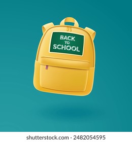 Back to school. Yellow backpack in 3D style with an element in the form of a school board. Vector illustration.