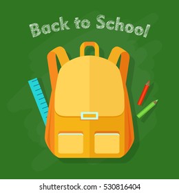 Back to school. Yellow backpack with two front pockets. Orange pieces of cloth. School objects behind. Long blue ruler, green and red pencils. Illustration in cartoon style. Flat design. Vector