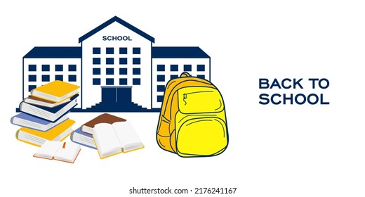 Back to school with yellow school bag, school building and books on white background. Vector concept back to school. Education banner design. Vector illustration