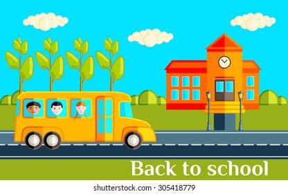 Back to School. The yellow bus with children going to school. Flat vector illustration