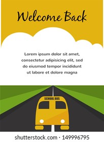 Back to school. Yellow School Bus driving through green meadow