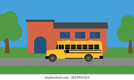 Back To School Yellow school bus driving past a school building with transportation, education
