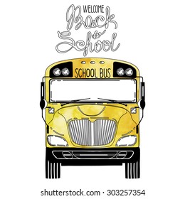 Back to school. Yellow school bus in front view. 
