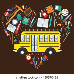 Back to School Yellow School Bus and School Item Icons arrange in heart shape