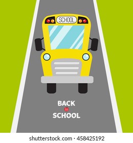Back to school. Yellow school bus kids. Green grass and road. Cartoon clipart. Transportation. Full face view. Baby collection. Greeting card. Flat design. Isolated Cute background Vector illustration