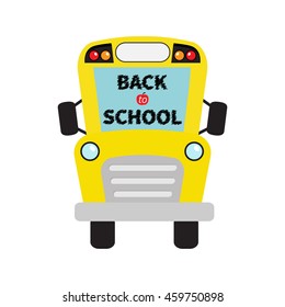 Back to school. Yellow school bus kids. Cartoon clipart. Transportation. Baby collection. Full face view. Greeting card. Flat design. Isolated. White background. Vector illustration