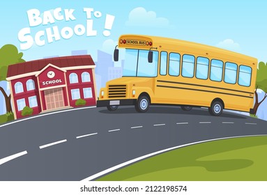 Back to school yellow bus riding street neighborhood vector flat illustration. Public vehicle transportation pupils to educational building at summer day. Driving classic elementary college transport