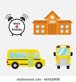 Back to school. Yellow bus set. Transportation. Alarm clock. Cartoon collection. Side, front view. Flat design. Isolated White background. Vector illustration