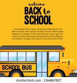 Back to school yellow bus transportation side view banner template with yellow background. Poster, flyer, brochure. Vector illustration