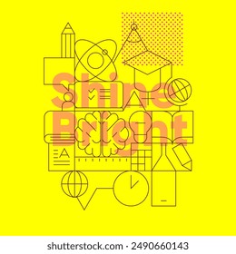 Back to school. A yellow educational poster with a blend of school-related icons and the motivational phrase "Shine Bright," in a minimalist layout.