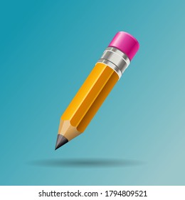 Back to school. Yellow graphite pencil with pink eraser on blue background. Vector illustration