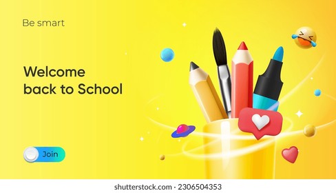 Back to school yellow poster with a picture of a pencils in a yellow holder, vector illustration