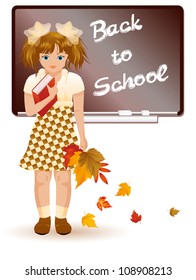 Back to school. Young girl with autumn leafs, vector illustration