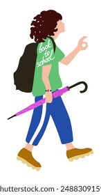 Back to school. Young girl with backpack and umbrella going to school after summer holidays. Education concept. Vector isolated illustration.