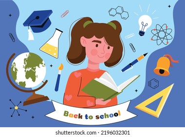 Back to school. Young girl with book in hands. Greeting and invitation card design. International autumn holidays, September 1, knowledge day. Education and training. Cartoon flat vector