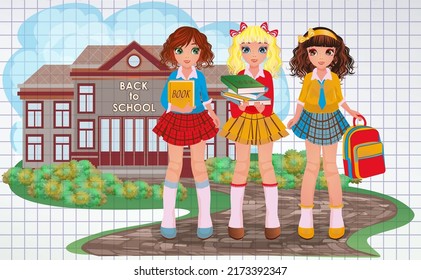 Zurück zur Schule. Junge Girlfreunde unterrichten in der Nähe der Schule Mitschüler. Vektorgrafik