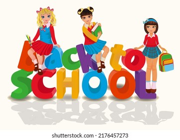Back to school. Young girlfriends. vector illustration	