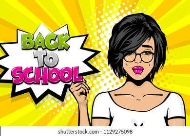 Back to school young sad brunette girl pop art in glasses. Woman pop art. Comic text advertise speech bubble. Retro halftone background.