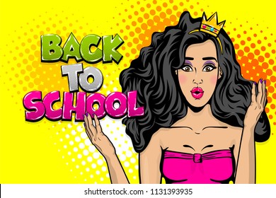 Back to school young sad brunette princess girl pop art. Woman pop art in crown. Comic text advertise speech bubble. Retro halftone background.