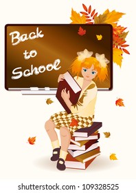 Back to school. Young schoolgirl with books. vector illustration