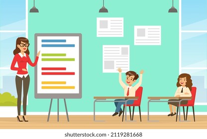 Back to School with Young Teacher at Felt Board and Children Sitting at Desk Vector Template